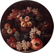 unknow artist A still life of peaches and plums in a glass bowl,grapes,a melon and a pomegranate painting